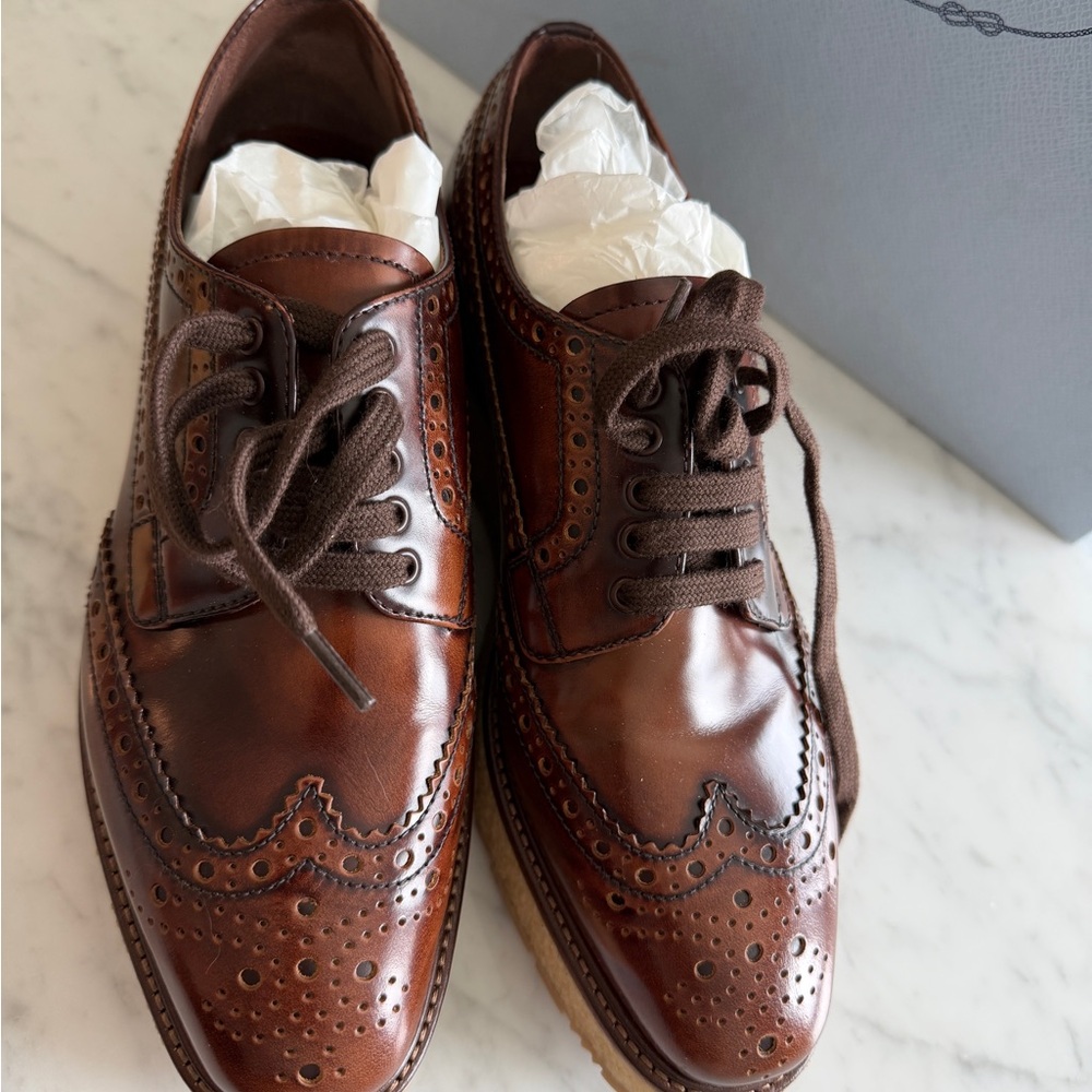 Prada unisex Brown Leather Wingtip Derbys with Crepe Platform Sole - Picture 2 of 5